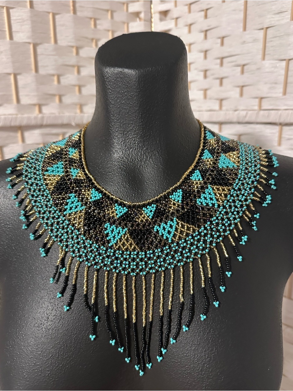 Handcrafted Turquoise Black Gold Beaded Statement Necklace